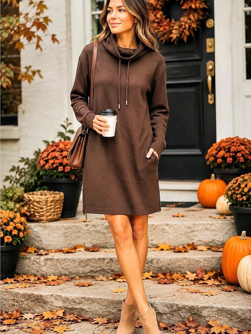 Mango Amelie Dress Mini Cowl Neck Brown Small NWT